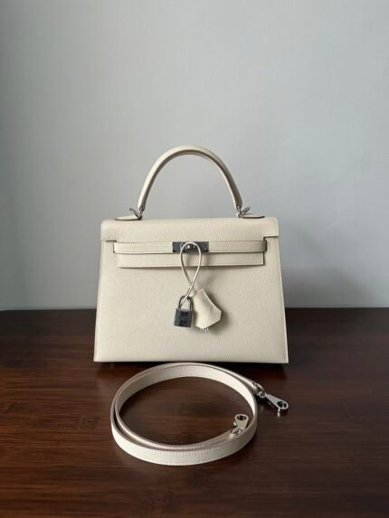 hm kelly 25cm white epsom silver hardware