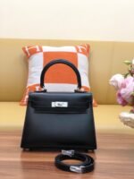 kelly mini 20 bag in black smooth calfskin with silver hardware