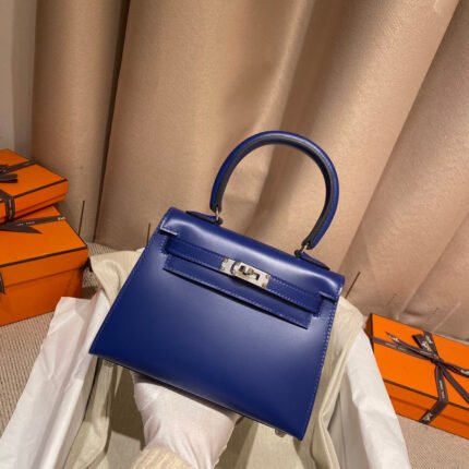 kelly mini 20 bag in navy blue smooth calfskin with silver hardware