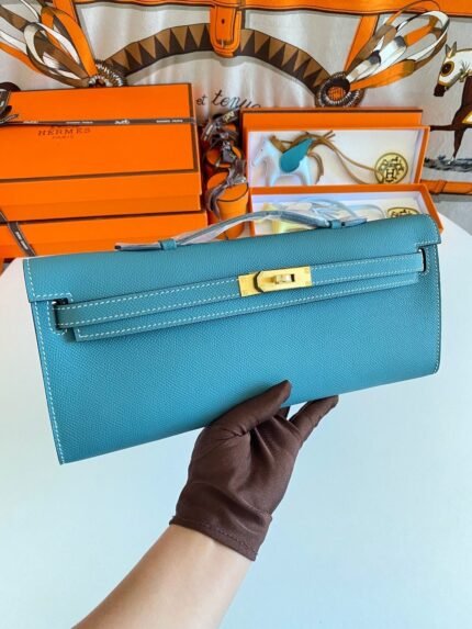 kelly cut 31 in azure blue calfskin with gold hardware