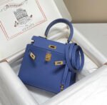 kelly mini 20 bag in azure blue calfskin with gold hardware