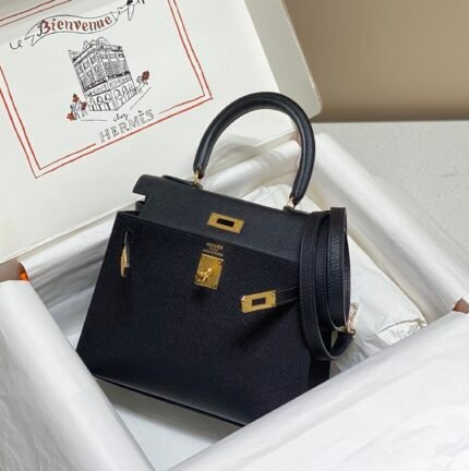 kelly mini 20 bag in black calfskin with gold hardware