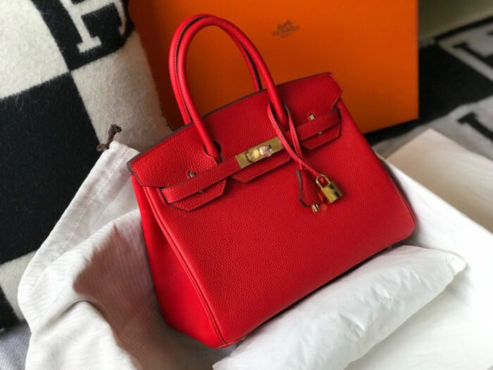 hm birkin bag 30 red calfskin gold buckle