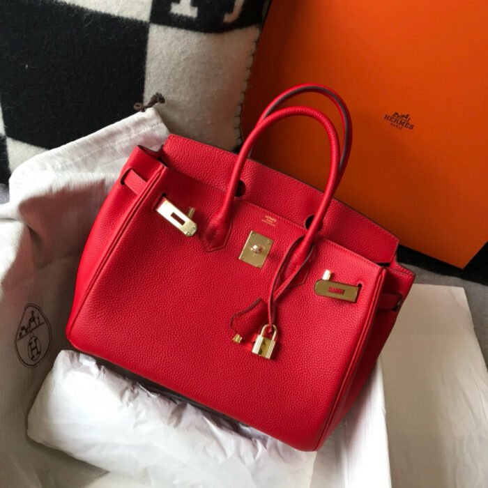 hm birkin bag 30 red calfskin gold buckle