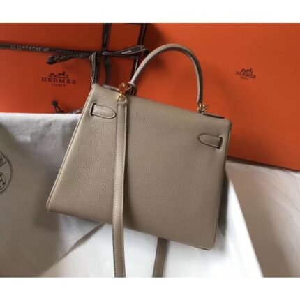 herm kelly 28cm bag in gris tourterelle clemence leather ghw