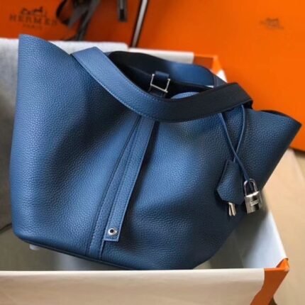 HERM Picotin Lock 22 Bag In Blue Agate Clemence Leather