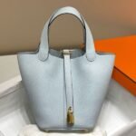 HERM Picotin Lock 22 Bag In Blue Brume Clemence Leather