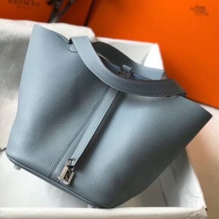 HERM Picotin Lock 22 Bag In Blue Lin Clemence Leather