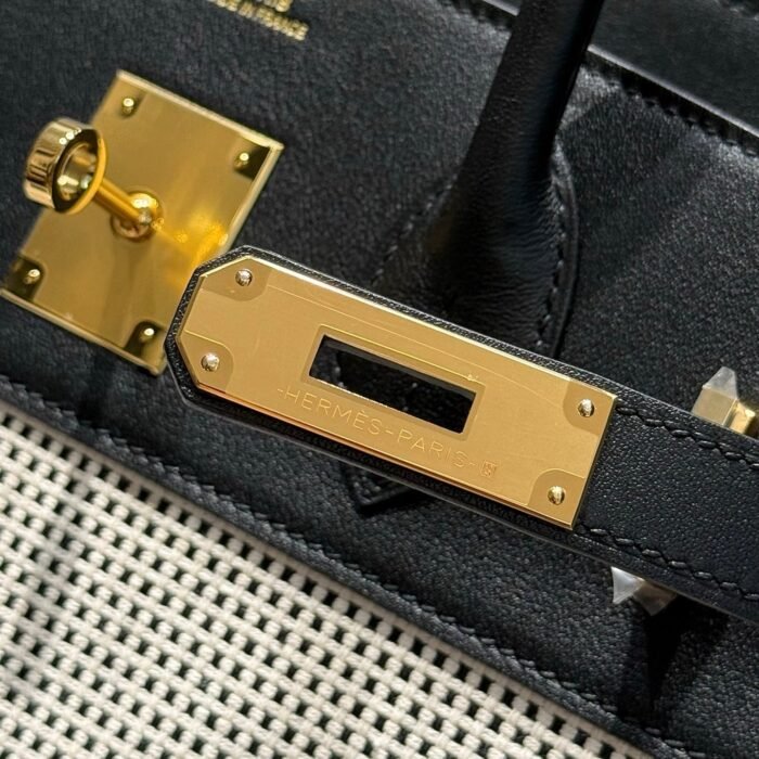 quadrille birkin 30cm in black swift calfskin white black plaid toile canvas