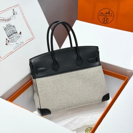quadrille birkin 30cm in black swift calfskin white black plaid toile canvas