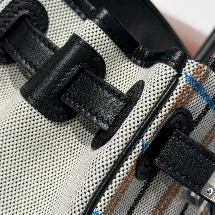 birkin shoulder 29 in black calfskin cru/noir/fauve/noir/bleu zanzibar embroidery plaid canvas