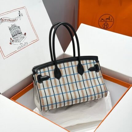 birkin shoulder 29 in black calfskin cru/noir/fauve/noir/bleu zanzibar embroidery plaid canvas
