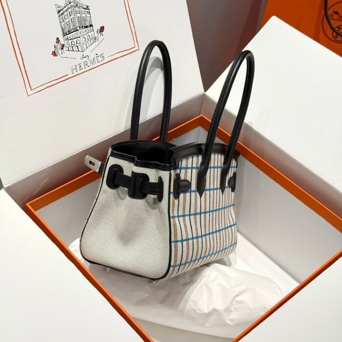 birkin shoulder 29 in black calfskin cru/noir/fauve/noir/bleu zanzibar embroidery plaid canvas