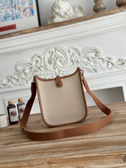 mini neo 17 evelyne bag in beige canvas and bronze brown calfskin