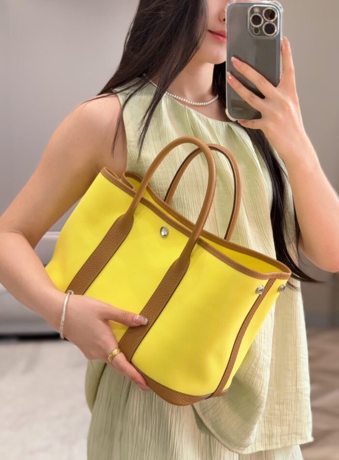 garden party 30cm in yellow toilets cotton canvas and beige marfa calfskin