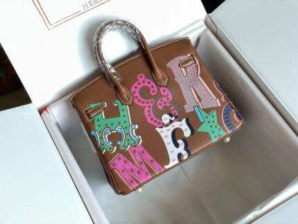 birkin 25 bag in chocolate brown calfskin with colorful sticker
