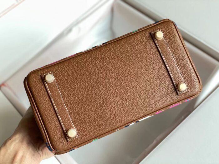 birkin 25 bag in chocolate brown calfskin with colorful sticker