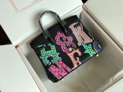 birkin 25 bag in black calfskin with colorful sticker