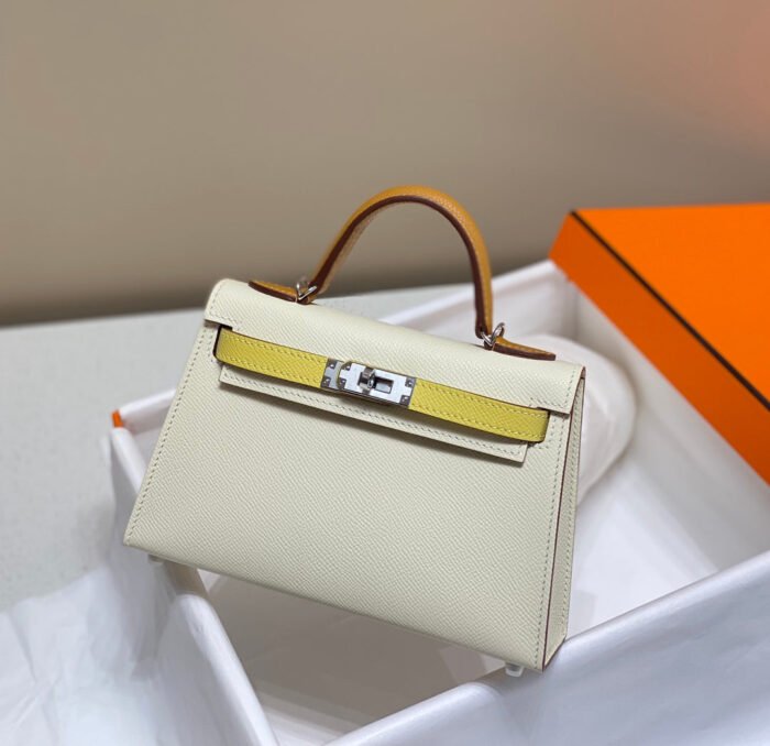 hm kelly mini 20 white yellow brown epsom silver hardware