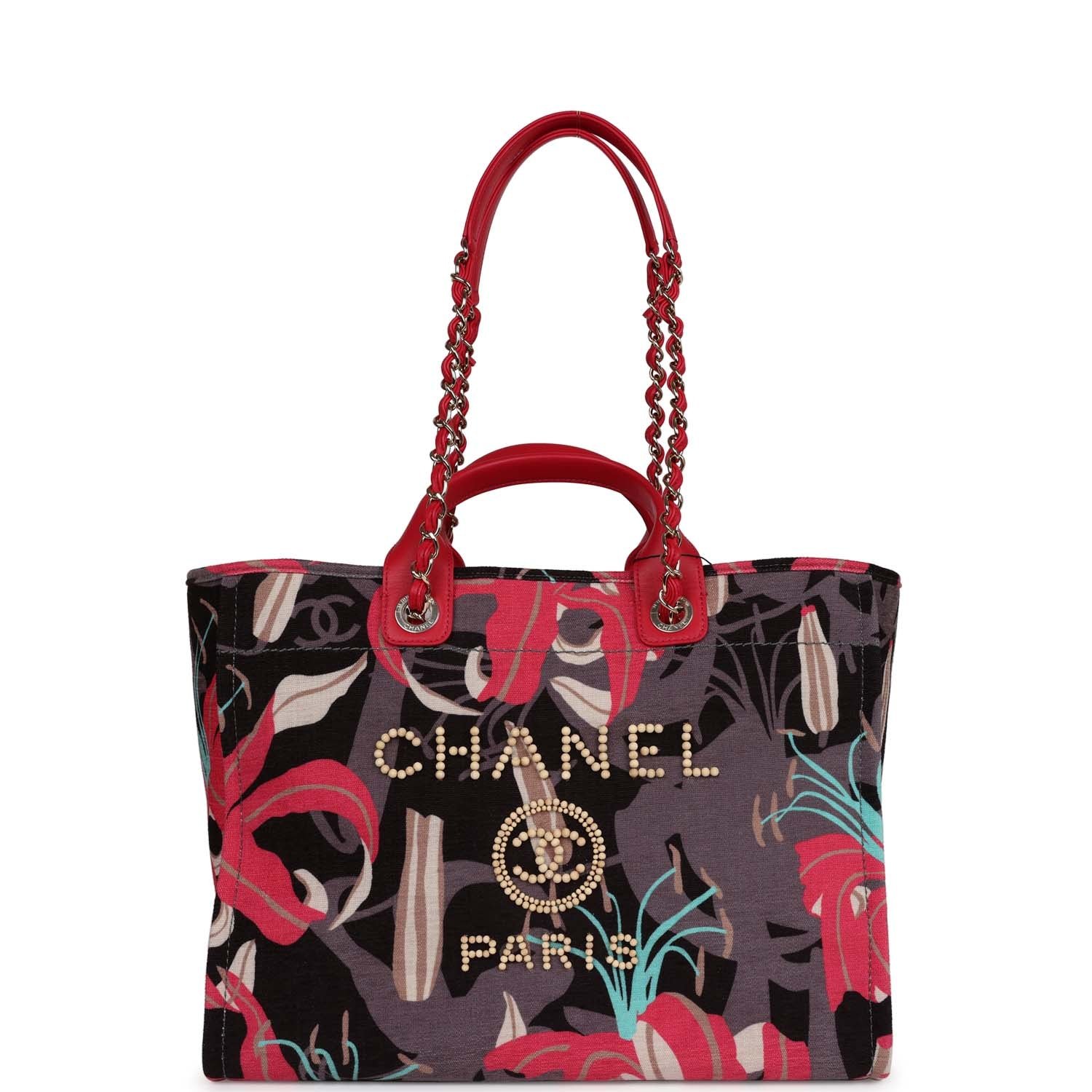 6b3a02512c8d0023105a8abe861f3b6ebaf040d7499592773e95ed6ad5ac09bd.jpg Chanel Medium Deauville Shopping Tote Grey and Pink Tropical Floral Velvet Light Gold Hardware - Image 1