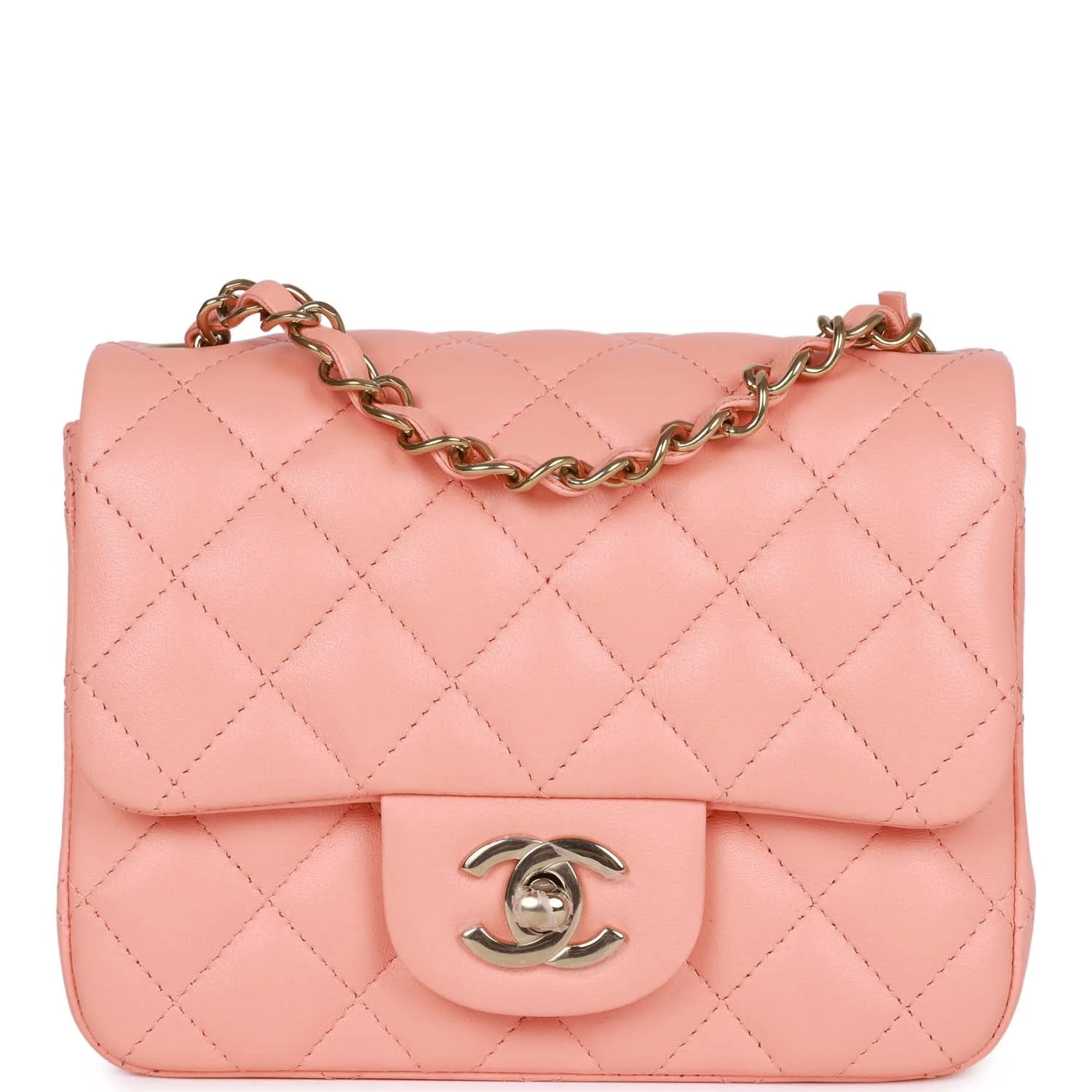 93ab0a4db5a0a2759d065fba79d2180f01b4a65e0a183ce1e26202a42e770d0d.webp Chanel Mini Square Flap Pink Lambskin Light Gold Hardware - Image 1