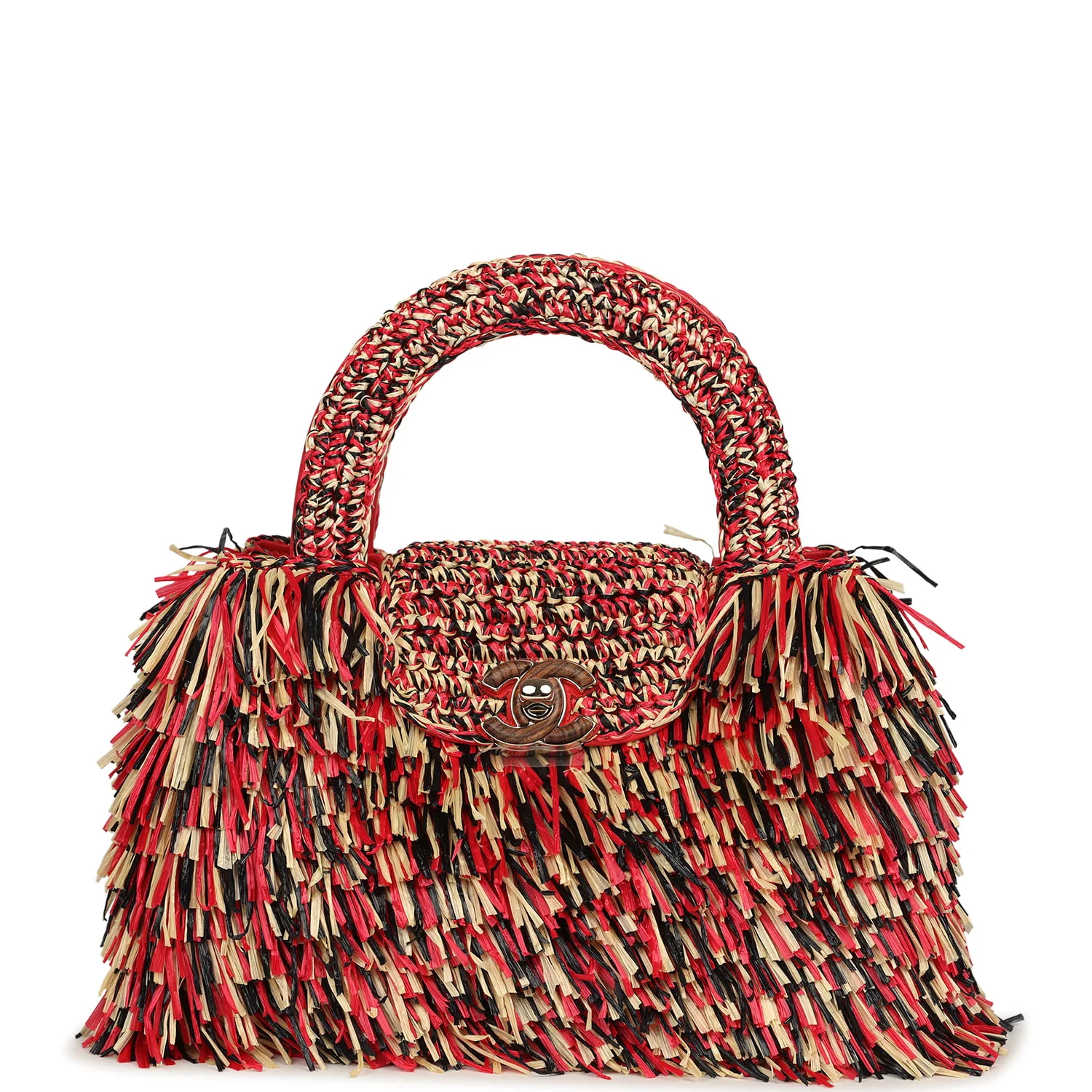 d98e68cd22b785b283c3cbf13b544f0b77a0d15d7f7c12cd88350b94abb49211.webp Chanel Small Fringe Kelly Red, Beige, Black Raffia Wood and Light Gold Hardware - Image 1