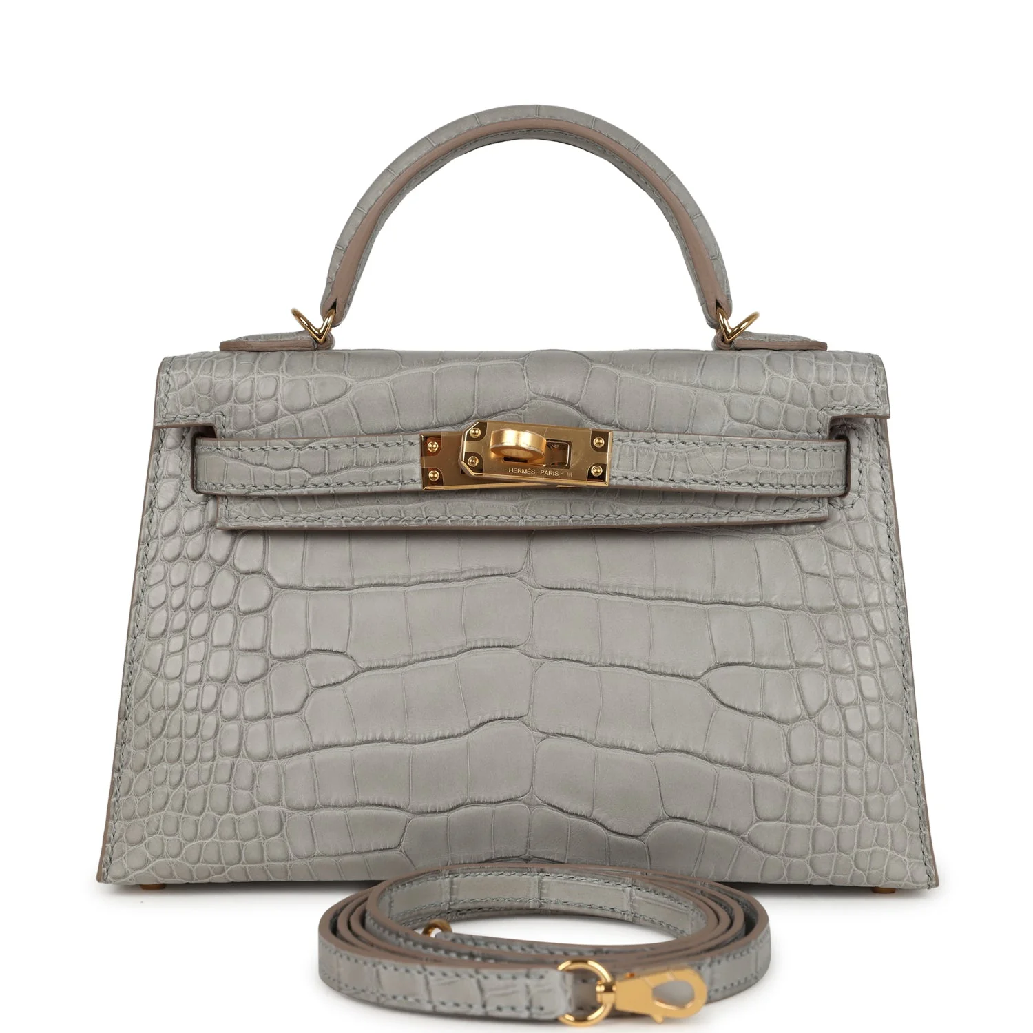 098DD94D-5202-F1DC-569F-21D3DD69F500.webp Hermes Special Order (HSS) Kelly Sellier 20 Gris Perle Verso Matte Alligator Gold Hardware - Image 1