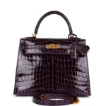 Hermes Kelly Sellier 25 Aubergine Shiny Niloticus Crocodile Gold Hardware