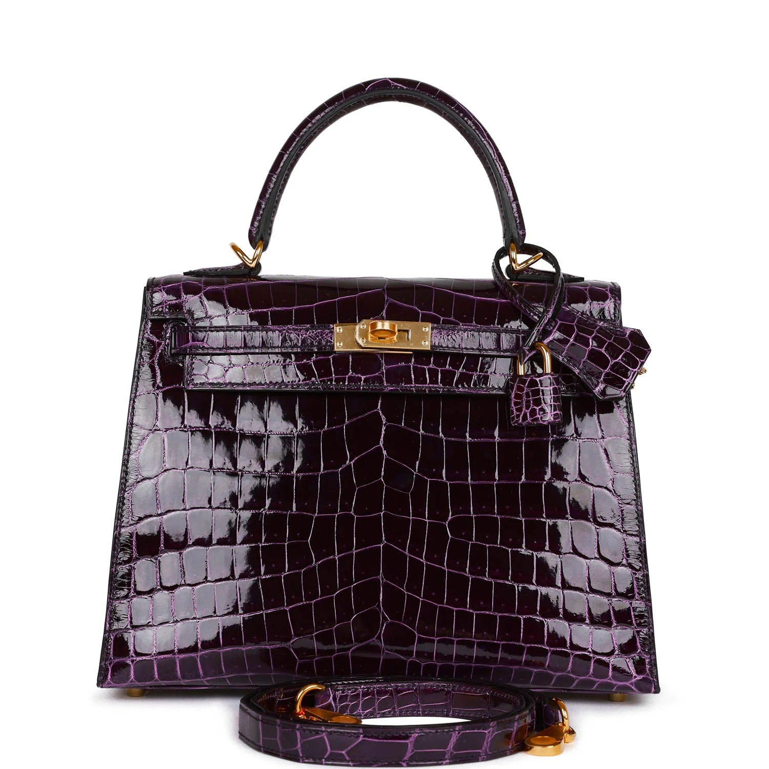 0C102CF3-80EA-2F4D-0AC0-E2DBCE5CF562.webp Hermes Kelly Sellier 25 Aubergine Shiny Niloticus Crocodile Gold Hardware - Image 1