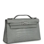 Hermes Kelly Pochette Gris Ciment Matte Alligator Palladium Hardware - Image 2
