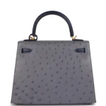 Hermes Special Order (HSS) Kelly Sellier 25 Gris Agate and Bleu Iris Ostrich Brushed Gold Hardware - Image 4