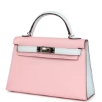 Hermes Special Order (HSS) Kelly Sellier 20 Rose Sakura and Bleu Brume Chevre Palladium Hardware - Image 5