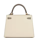 Hermes Special Order (HSS) Kelly Sellier 25 Craie and Gris Asphalte Epsom Brushed Gold Hardware - Image 4
