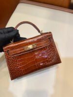 Herm&egrave;s Kelly Mini Honey Brown Gold Buckle Crocodile Leather Custom