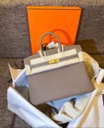Herm&egrave;s Birkin 25-35 Elephant Gray Gold Buckle Custom - Image 5