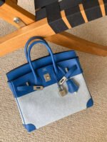 Herm&egrave;s Birkin 25-30 French blue canvas and leather with silver buckle custom - Image 3