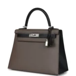 Hermes Special Order (HSS) Kelly Sellier 28 Etain and Black Epsom Brushed Palladium Hardware - Image 5