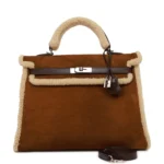 Hermes Teddy Kelly 35 Shearling and Ebene Barenia Palladium Hardware