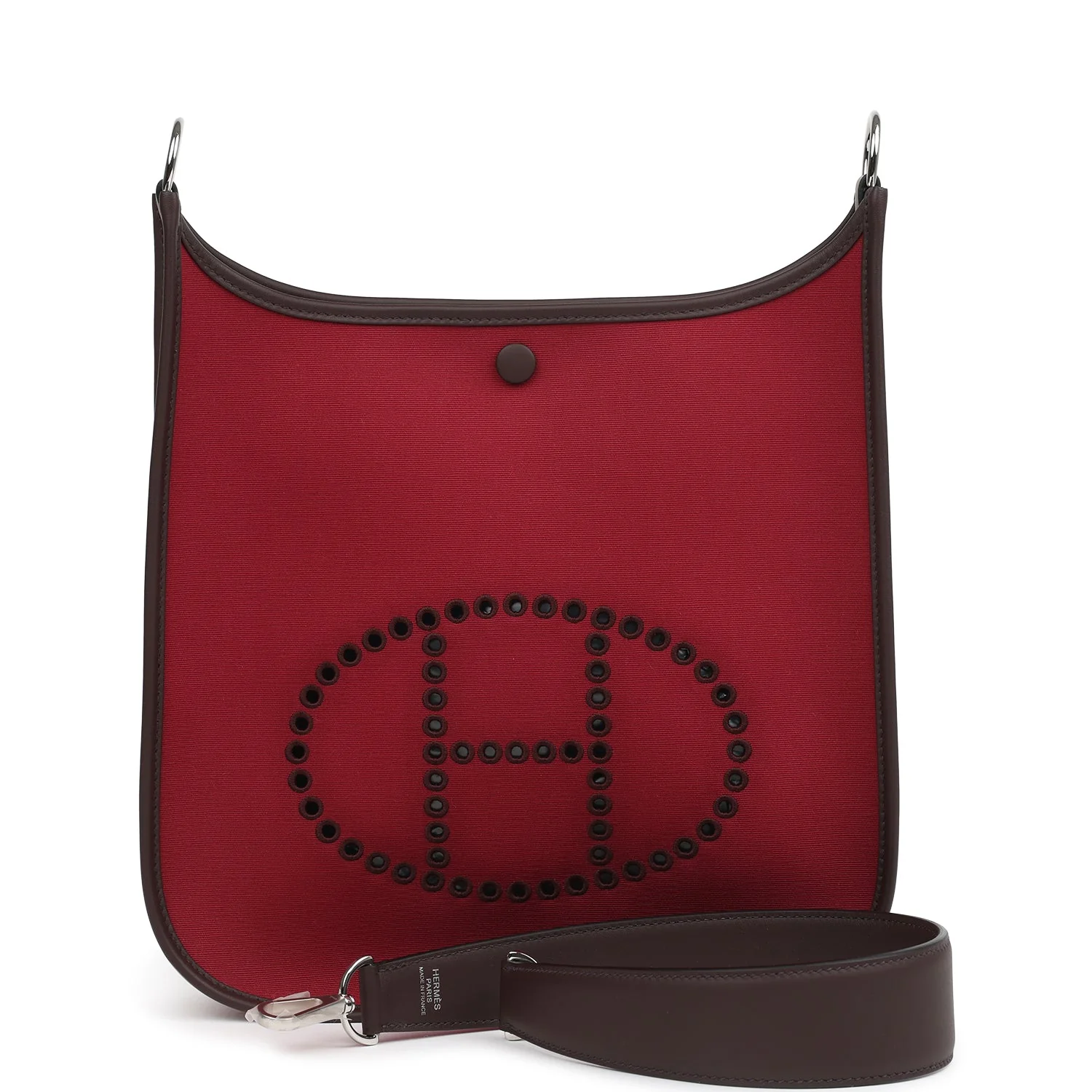 2A60681E-42C6-14EE-6D22-B68C65DE95F1.webp Hermes Neo Evelyne PM Rubis Officier Canvas and Rouge Sellier Swift Palladium Hardware - Image 1