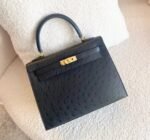 Herm&egrave;s Kelly 25-28 Black Ostrich Leather with Gold Buckle