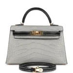 Hermes Special Order (HSS) Kelly Sellier 20 Gris Perle and Black Matte Alligator Gold Hardware