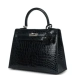 Hermes Kelly Sellier 25 Vert Rousseau Shiny Porosus Crocodile Palladium Hardware - Image 5