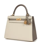 Hermes Special Order (HSS) Kelly Sellier 25 Craie and Gris Asphalte Epsom Brushed Gold Hardware - Image 5