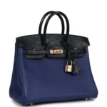 Hermes Birkin 25 Bleu Saphir Taurillion Novillo and Bleu Marine Matte Alligator Touch Rose Gold Hardware - Image 2