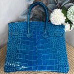 Herm&egrave;s Brikin 25-30 Izmir Blue Shiny Crocodile Leather - Image 4