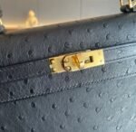 Herm&egrave;s Kelly 25-28 Black Ostrich Leather with Gold Buckle - Image 3