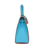 Hermes Special Order (HSS) Kelly Sellier 25 Rose Sakura and Bleu Aztec Chevre Brushed Gold Hardware - Image 4
