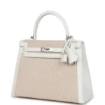 Hermes Kelly Sellier 25 New White Swift and Ecru-Beige Toile H Canvas Palladium Hardware - Image 5