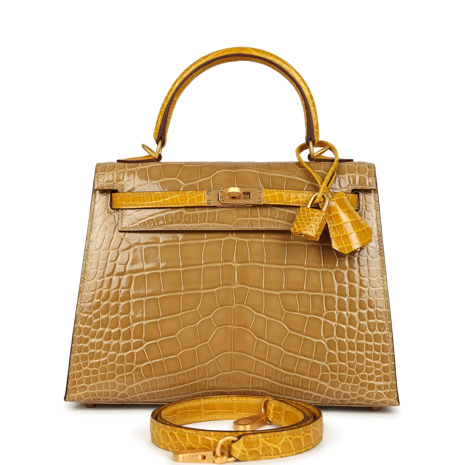 47075182-2078-CF13-0301-45E4D634030D.webp Hermes Special Order (HSS) Kelly Sellier 25 Beige Sable and Jaune Ambre Shiny Alligator Mississpiensis Brushed Gold Hardware - Image 1