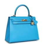 Hermes Kelly Sellier 25 Bleu Frida Chevre Gold Hardware - Image 2
